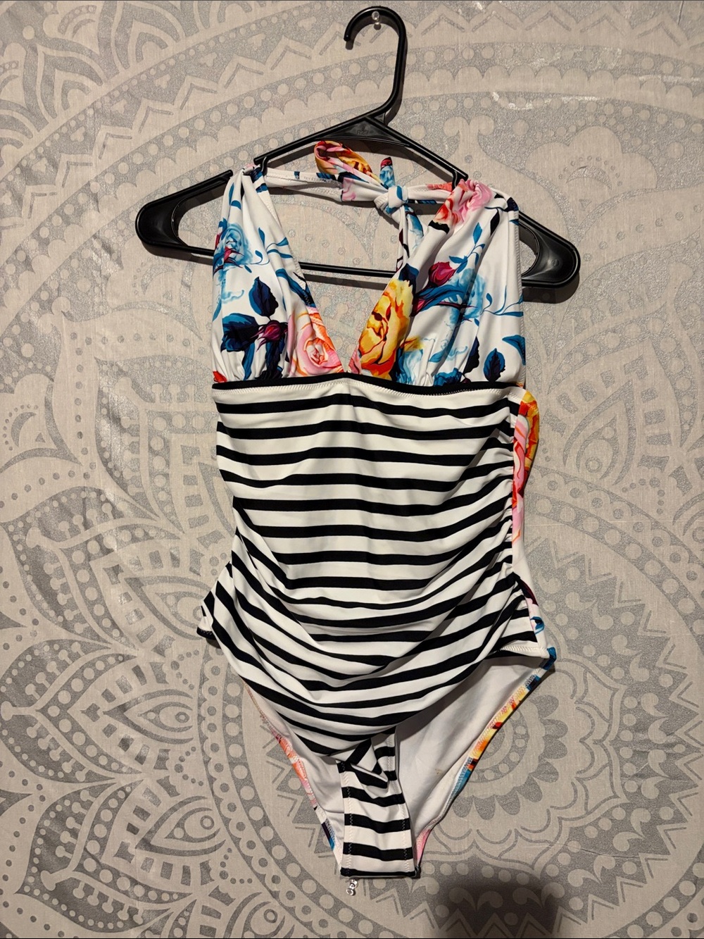 Cupshe Black & White Stripe One-Piece with Floral Accents